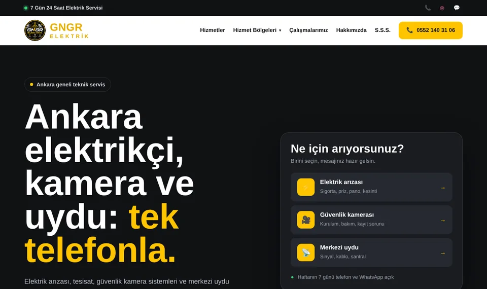 TeknoBulgu tarafından hazırlanan GNGR Elektrik web sitesinin ana sayfası