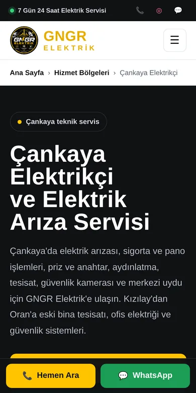 GNGR Elektrik Çankaya ilçe sayfasının mobil görünümü