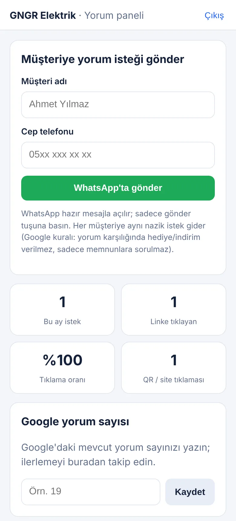 Google yorum toplama paneli: müşteri adı ve telefonu ile WhatsApp üzerinden yorum isteği gönderme ekranı
